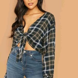 Plaid green blue straps crop top